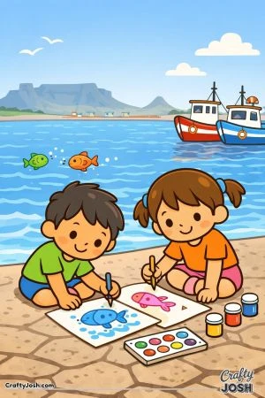 Two kids sit by the water painting fish on paper with brushes, with boats floating in the harbor and mountains in the background.