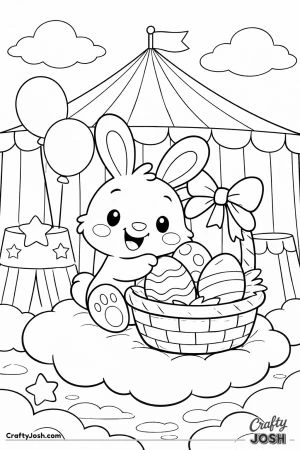 A cheerful bunny sits inside an Easter basket filled with decorated eggs in front of a large striped circus tent with balloons and fluffy clouds