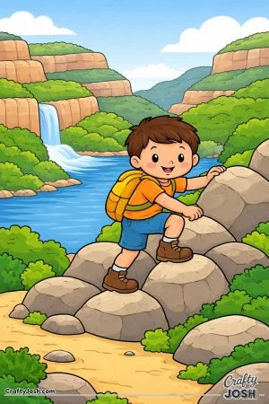 A smiling boy climbs over large rocks in a canyon with layered cliffs, a river, and a waterfall behind him.