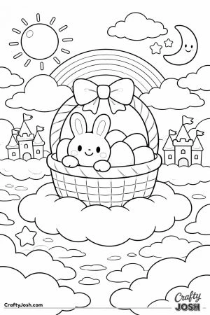 A smiling bunny sits inside a large Easter basket filled with eggs, floating on fluffy clouds beneath a rainbow, sun, moon, and small castles in the ..