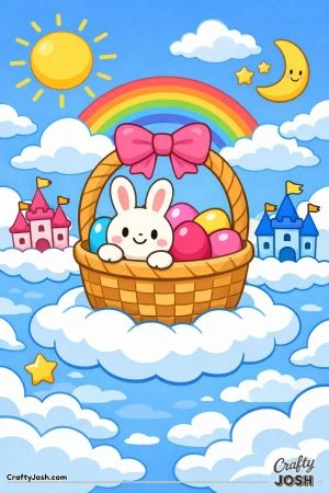 A smiling bunny sits inside a large Easter basket filled with eggs, floating on fluffy clouds beneath a rainbow, sun, moon, and small castles in the ..