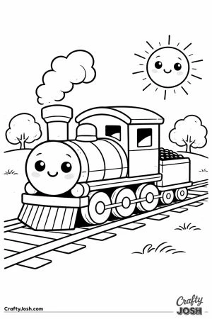 Cute kawaii steam train in countryside