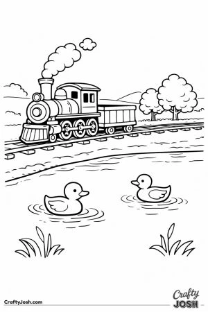 Cute steam train beside lake with ducks