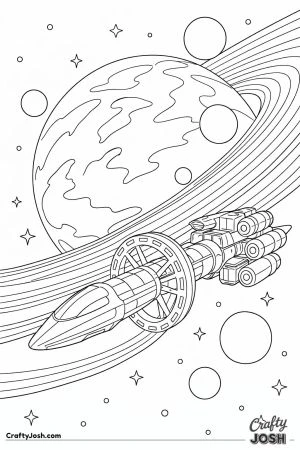 A long-range exploration spacecraft flies toward a giant alien planet with sweeping rings and several orbiting moons