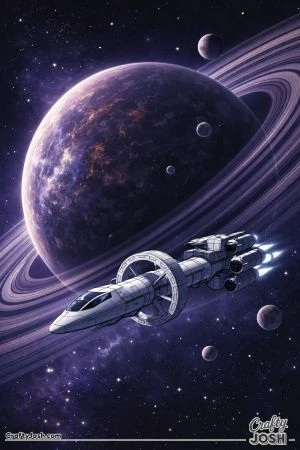 A long-range exploration spacecraft flies toward a giant alien planet with sweeping rings and several orbiting moons