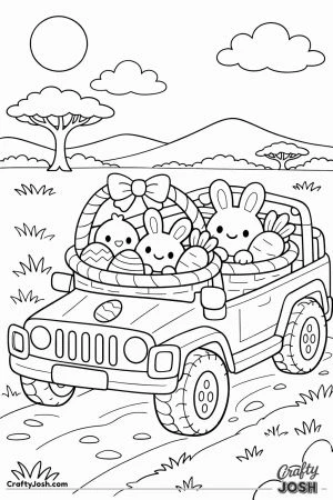 This black-and-white line art page shows a safari jeep driving along a dirt road with Easter baskets in the back filled with smiling bunnies, a ..
