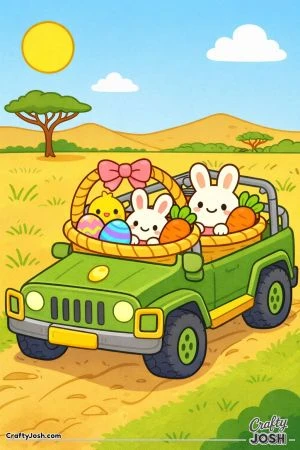 This black-and-white line art page shows a safari jeep driving along a dirt road with Easter baskets in the back filled with smiling bunnies, a ..