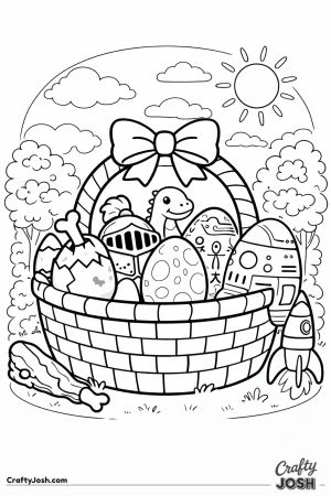 A large Easter basket filled with themed eggs, including a dinosaur egg, a knight helmet, an ancient-style egg, and a robot egg, sits on grass with ..