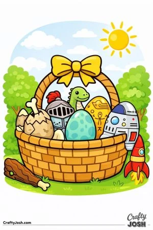 A large Easter basket filled with themed eggs, including a dinosaur egg, a knight helmet, an ancient-style egg, and a robot egg, sits on grass with ..