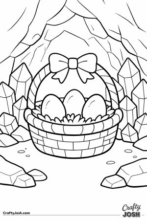 A large Easter basket with a bow sits inside a crystal cave, holding three eggs and surrounded by big crystal shapes and rocks