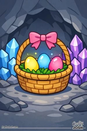 A large Easter basket with a bow sits inside a crystal cave, holding three eggs and surrounded by big crystal shapes and rocks