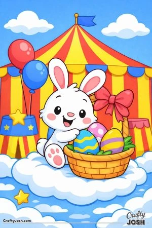 A cheerful bunny sits inside an Easter basket filled with decorated eggs in front of a large striped circus tent with balloons and fluffy clouds