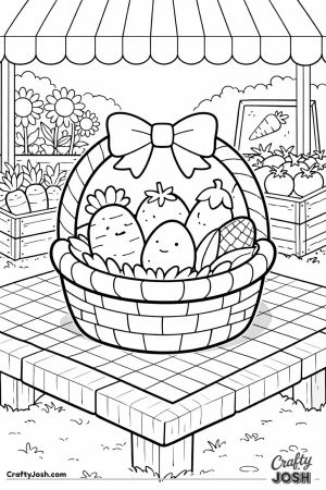 A large Easter basket filled with vegetable-shaped eggs sits on a table at a farmer’s market stand with crates of produce and sunflowers in the ..