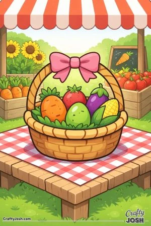 A large Easter basket filled with vegetable-shaped eggs sits on a table at a farmer’s market stand with crates of produce and sunflowers in the ..