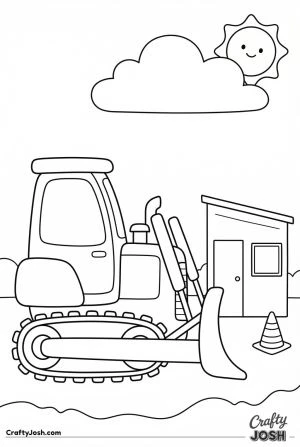 Easy bulldozer by construction hut coloring page
