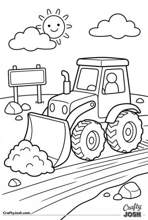Easy bulldozer making road path coloring page