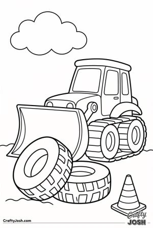 Easy bulldozer stacking tires coloring page