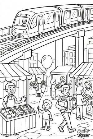 Elevated train over busy market