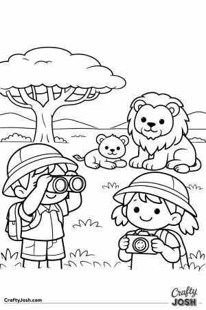 Two children on a safari look at a lion and cub near a large tree in a simple savanna scene.