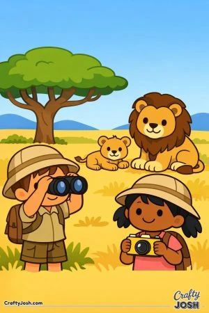 Two children on a safari look at a lion and cub near a large tree in a simple savanna scene.