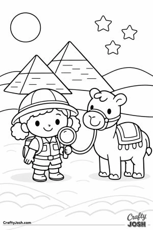 A smiling girl explores the pyramids with a friendly camel, surrounded by simple desert dunes, a big sun, and stars in the sky.