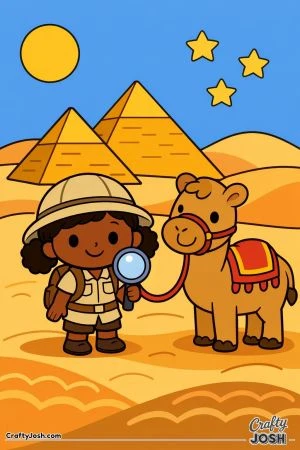A smiling girl explores the pyramids with a friendly camel, surrounded by simple desert dunes, a big sun, and stars in the sky.