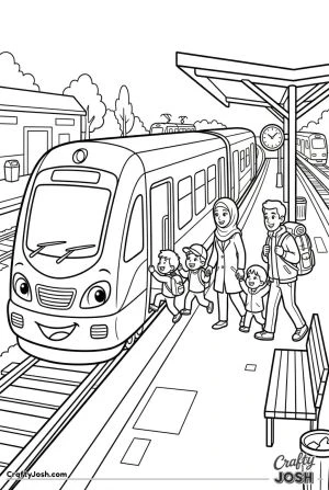 Family boarding cartoon train