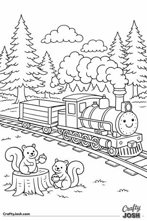 Forest steam train with playful squirrels