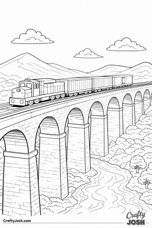 Freight train crossing large viaduct