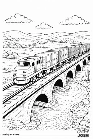 Freight train crossing river bridge