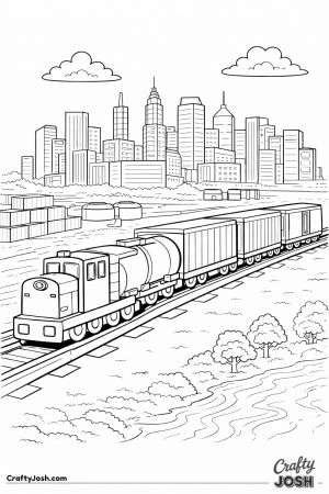 Freight train passing city skyline