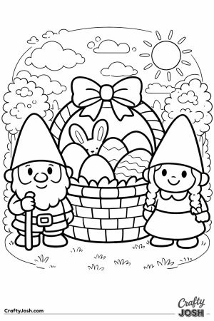 Two friendly forest gnomes stand beside a large Easter basket filled with decorated eggs and a small bunny, surrounded by simple trees, clouds, and a ..