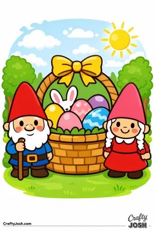 Two friendly forest gnomes stand beside a large Easter basket filled with decorated eggs and a small bunny, surrounded by simple trees, clouds, and a ..