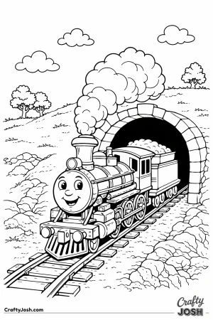 Friendly steam train entering hill tunnel