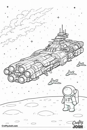 A massive futuristic battle cruiser spaceship flies through space with several small escort fighters nearby and a distant nebula behind them