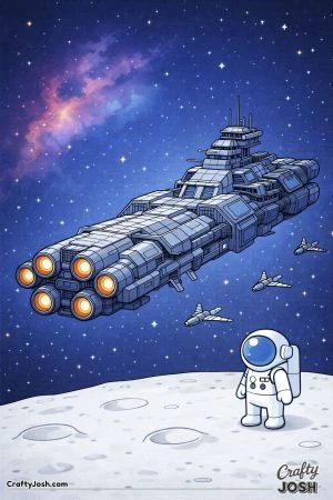 A massive futuristic battle cruiser spaceship flies through space with several small escort fighters nearby and a distant nebula behind them