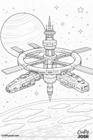 A large futuristic orbital space station with long habitat arms floats in space while two spacecraft remain docked to its structure with a planet and ..