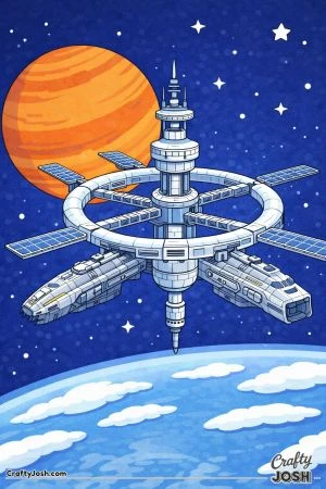 A large futuristic orbital space station with long habitat arms floats in space while two spacecraft remain docked to its structure with a planet and ..