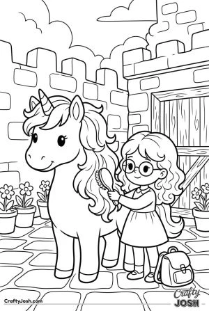 Girl brushing unicorn castle stable