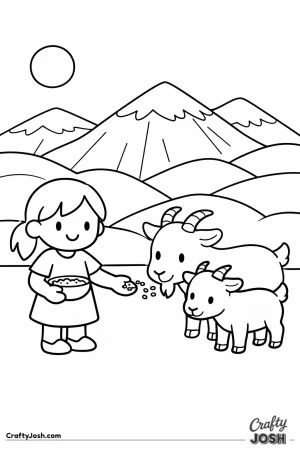 A smiling girl feeds two friendly goats while standing in front of simple rolling hills and mountains under a sunny sky