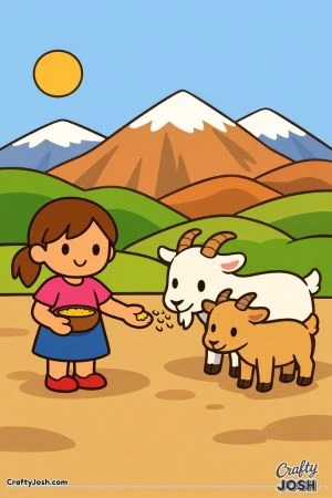 A smiling girl feeds two friendly goats while standing in front of simple rolling hills and mountains under a sunny sky