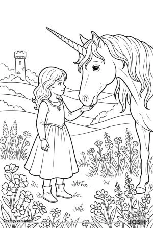 Girl meets unicorn castle meadow