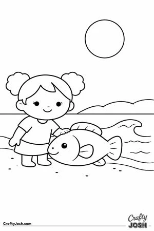 A smiling girl stands by a lake gently touching a big fish while a simple wave and sun appear in the background