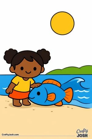 A smiling girl stands by a lake gently touching a big fish while a simple wave and sun appear in the background