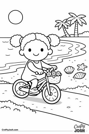 A happy girl rides her bicycle along a sandy beach path with shells on the ground and gentle ocean waves nearby.