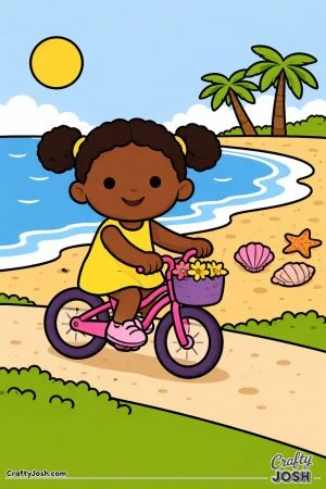 A happy girl rides her bicycle along a sandy beach path with shells on the ground and gentle ocean waves nearby.