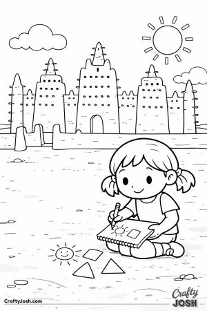 A smiling girl sits on the ground drawing in her sketchbook in front of a large mosque with a bright sun and clouds in the sky