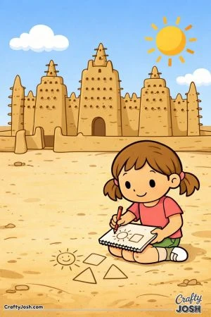 A smiling girl sits on the ground drawing in her sketchbook in front of a large mosque with a bright sun and clouds in the sky