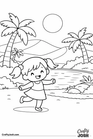 A smiling girl is dancing happily near a small oasis with palm trees, water, and sandy hills in the background.
