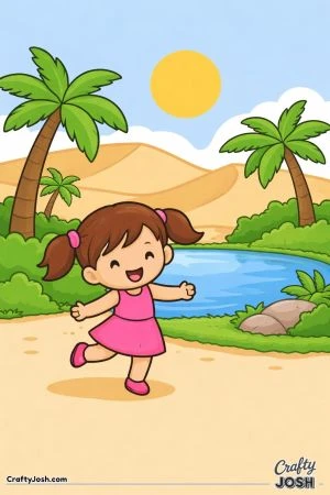A smiling girl is dancing happily near a small oasis with palm trees, water, and sandy hills in the background.